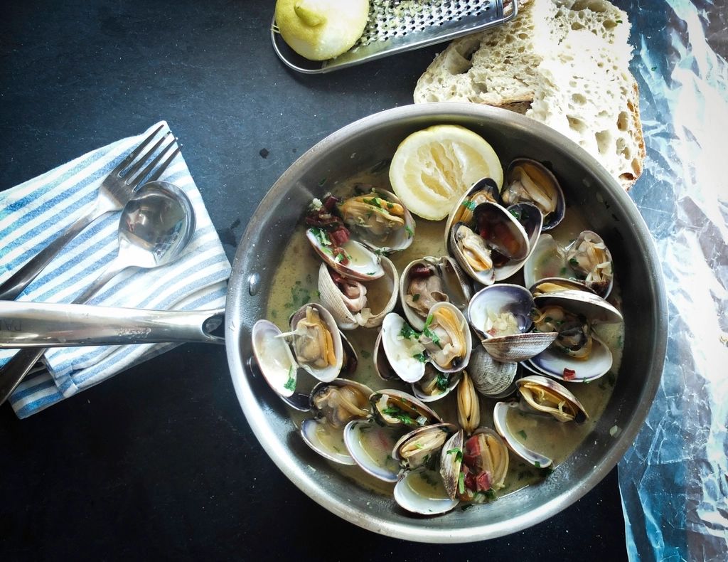 A seafood dish plated and ready to serve